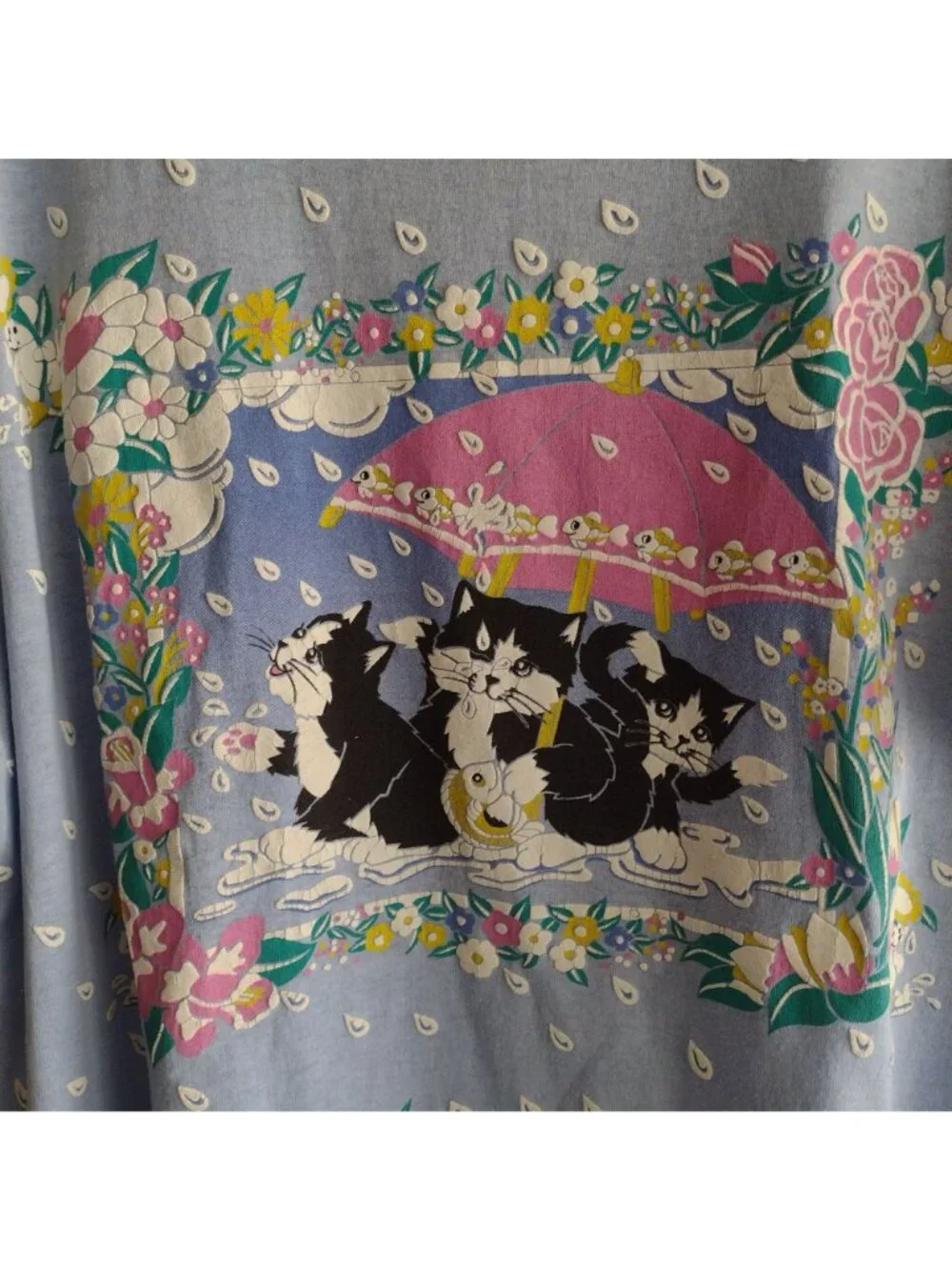 Vtg 90s Kitty Puffy Print Shirt L Blue Spring Showers Scarab Tee - Picture 3 of 8